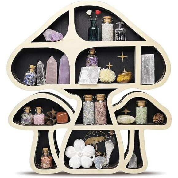 Wooden Mushroom Floating Shelf Crystal Display Wall Hanging Organizer for Decor - Picture 7 of 7